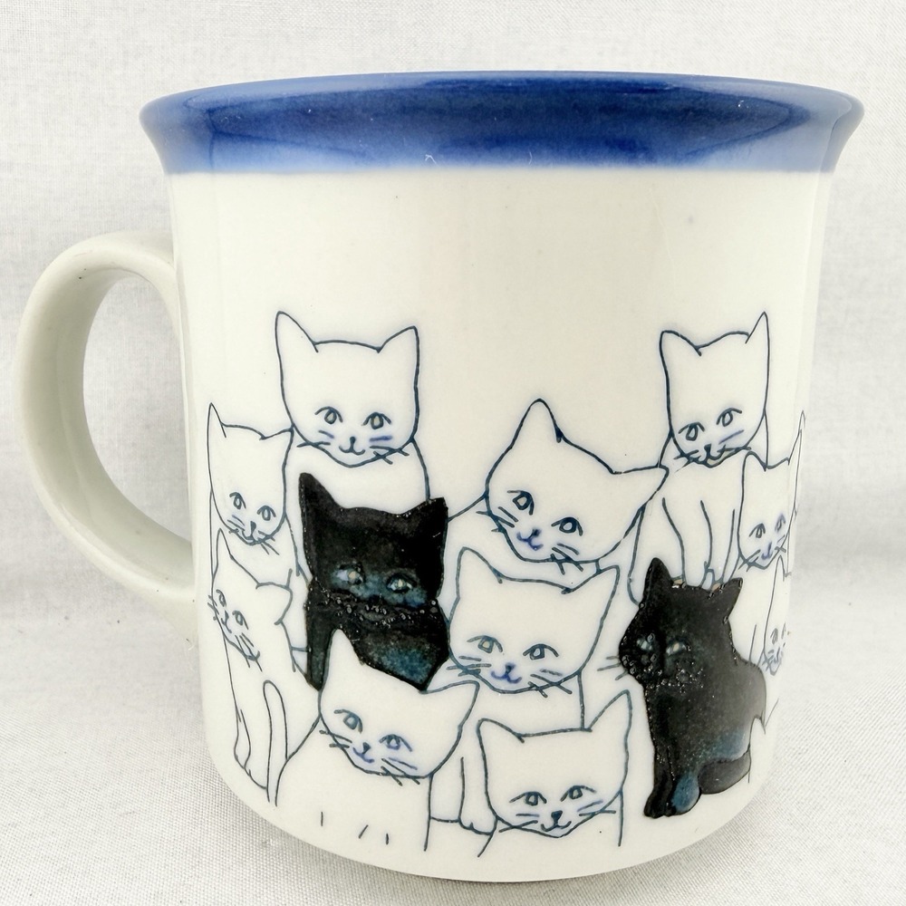 Vintage Otagiri Cats Blue & White Coffee Mug Tea Cup Happy Cats 1970s Retro Art